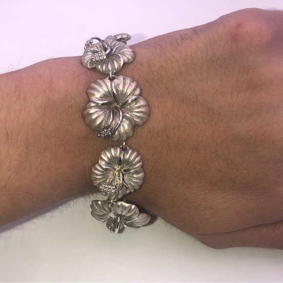 VTG Sterling Hibiscus Flower Link Floral Hawaiian Fetish Bracelet 8” / HEAVY 39g - Picture 4 of 10